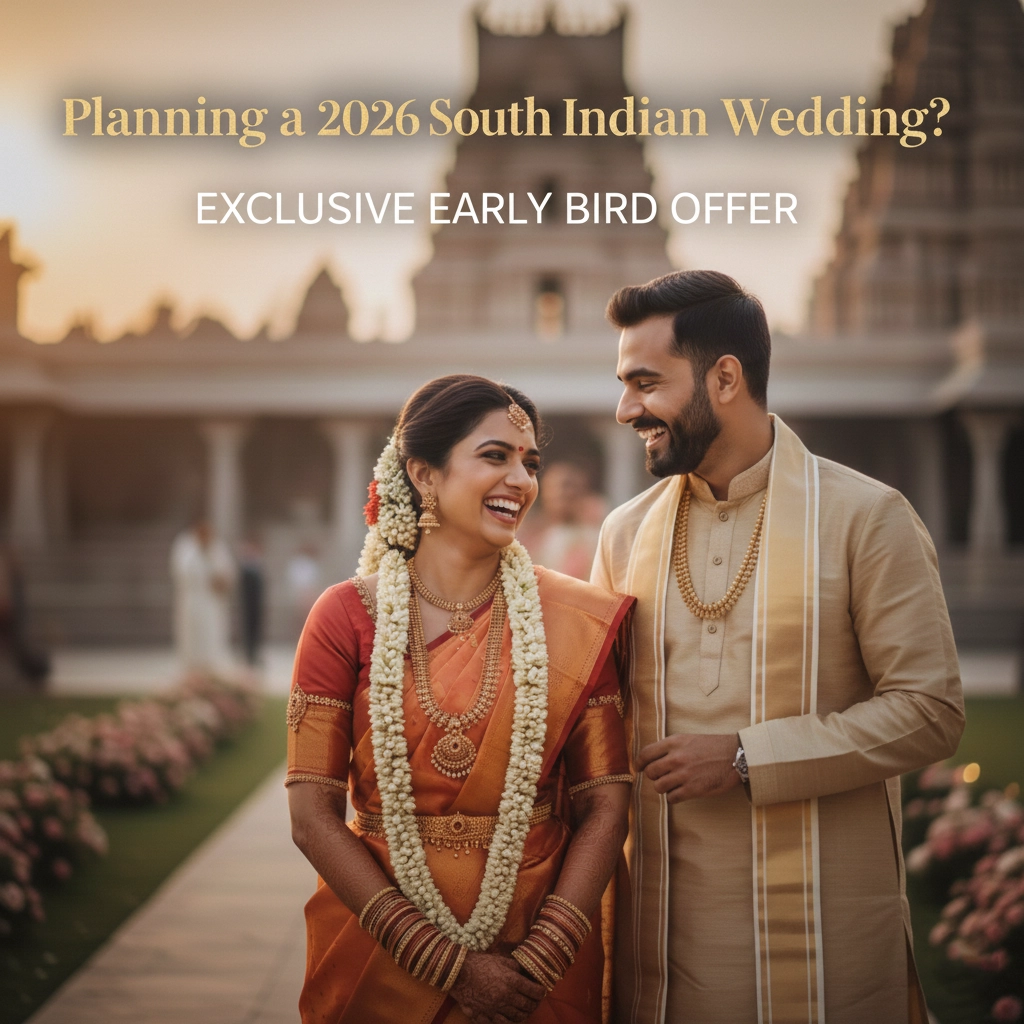 South Indian wedding couple in traditional attire at a temple, golden lighting, early bird offer for 2026 wedding photography.